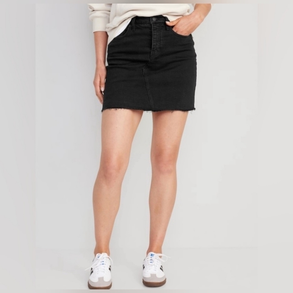 Old Navy OG Straight Button Fly Black Denim Mini Skirt Size 0 New